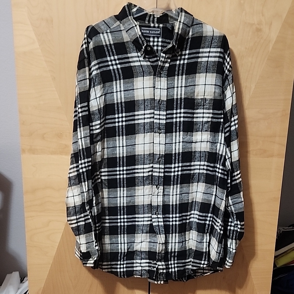 Men's David Taylor Black, White, and Tan Plaid Flannel Shirt size 2xl ta…